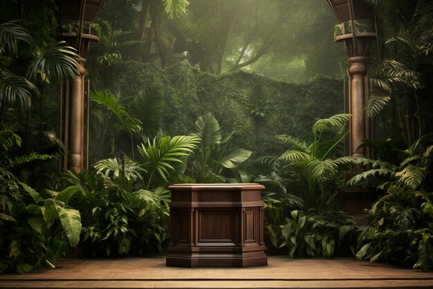 Product presentation with a wooden podium set amidst a lush tropical forest