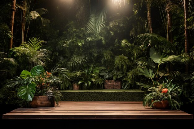 Foto presentazione del prodotto con un podio in legno in mezzo a una lussureggiante foresta tropicale