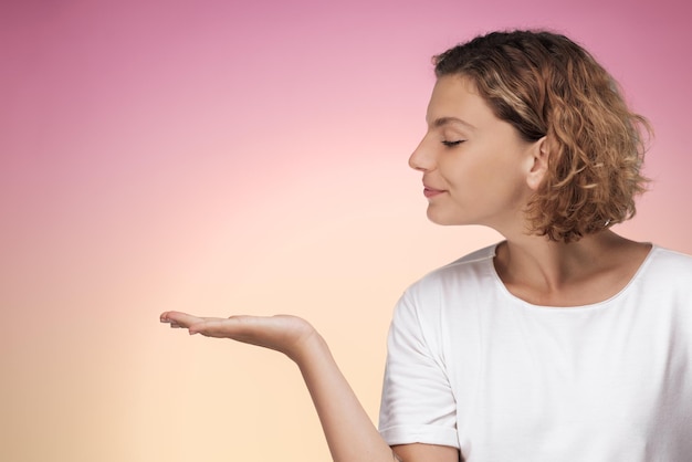 Product or service advertisement woman with hand and free copy space
