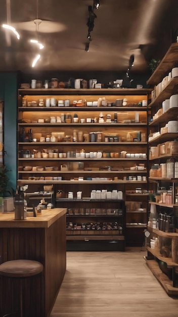 Product shelf and customer in coffee shop