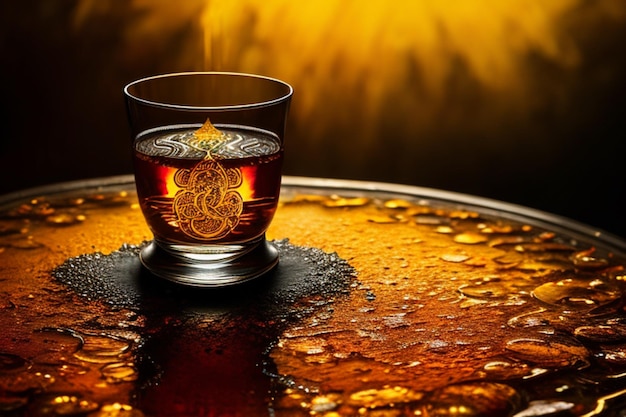 Foto riprese del prodotto bicchiere di whisky in stile gustave dor liquido arancione luminoso 12 in vetro splash