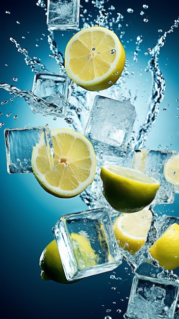Product Shot Close-up van schijfjes citroen op water met ijsblokjes
