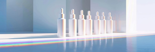 product shot of a line of premium white airless bottles with white caps as wide as the bottles stretching to the horizon in a white limbo rainbow reflection