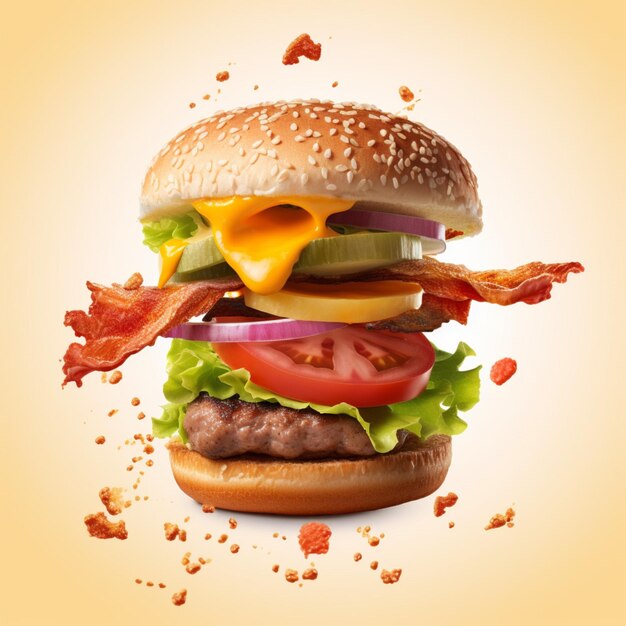 Product shots of realistic burger with flying ing