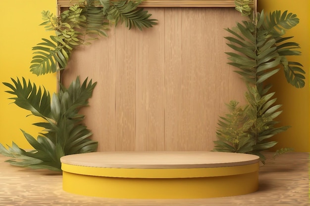 Product Showcase 3d stand wooden podium on yellow background with leaves