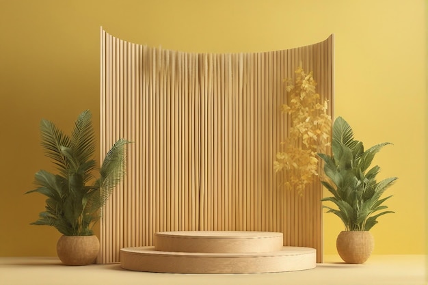 Product Showcase 3d stand wooden podium on yellow background with leaves