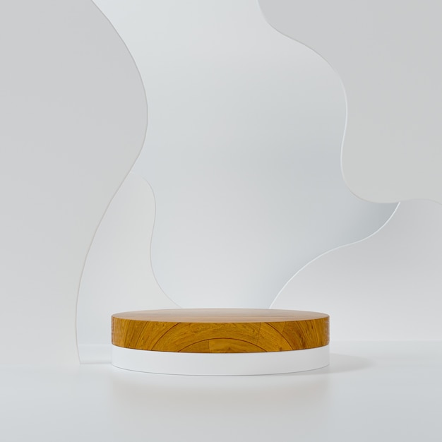 白い抽象的な形の背景に木製のシリンダーと製品ショーケースプラットフォーム。製品プレゼンテーション用の台座の3Dレンダリング。木質の台座