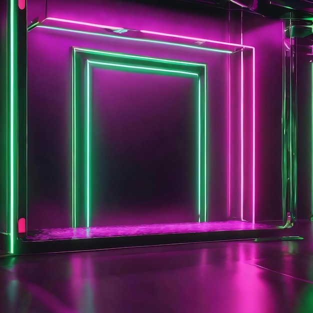 Фоновый прожектор витрины с зелеными неоновыми огнями на фоне блестящего металлического флу