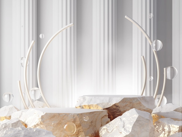 Витрина продукта камень белого и золотого цвета абстрактная концепция 3D-рендеринга