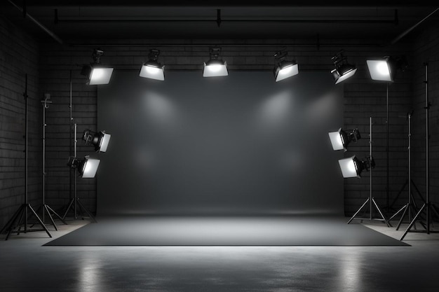 Фото Витрина продукта с прожектором черный фоновый зал студии использование в качестве монтажа для дисплея продукта