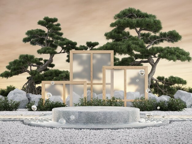 Product showcase zen garden concept 3d rendering