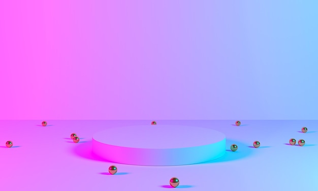 製品スタンドブルーピンクバイオレットネオン抽象的な背景スタジオモダンな紫外線ライトルームパステルインテリア輝く表彰台のパフォーマンスステージの装飾光の輪の3Dレンダリングのステージ