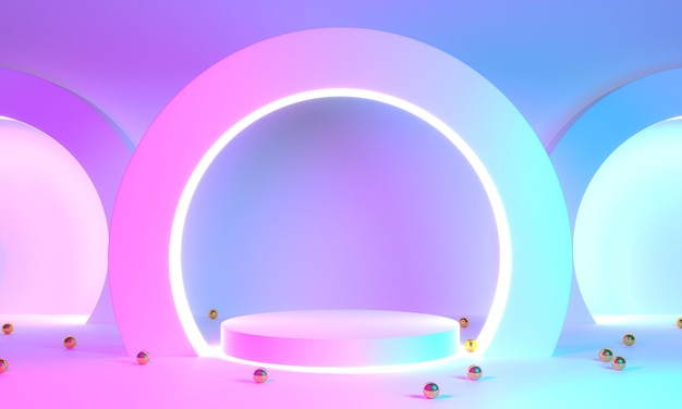 Product stand blue pink violet neon abstract background studio\
modern ultraviolet light room pastel interior glowing podium\
performance stage decorations stage for circle of light 3d\
rendering