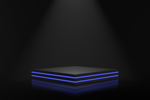 Product stand design with blue lighting. 3D rendering.