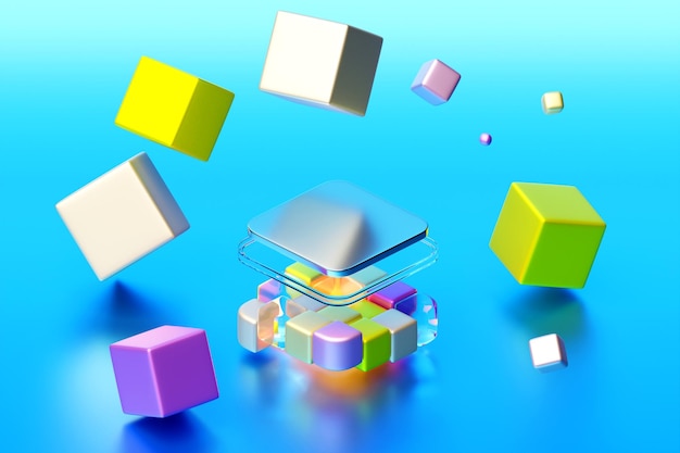 Product stand pedestal frame around flying cubes under blue and\
pink neon light vaporwave art concept 3d rendering