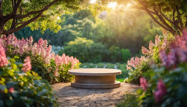 Product voetstuk in weelderige tuin met bloemen ideaal voor het tentoonstellen van items met natuurlijke elegantie