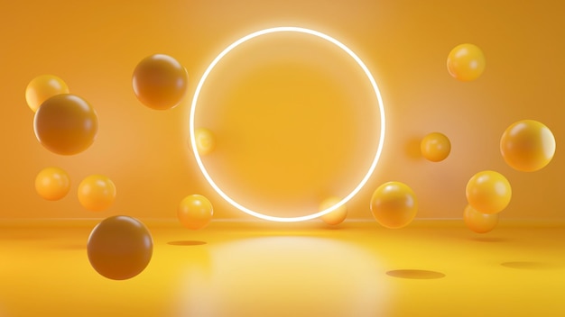 Product weergavegebied concept gemaakt met globe gele vormen en cirkel neon licht achtergrond 3D-rendering