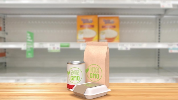 비 gmo 개념 3d 렌더링을 위한 목재 테이블의 제품