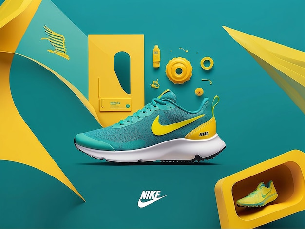 Foto productcarousel met de nieuwste nike-loopschoenen in blauw en geel interactive