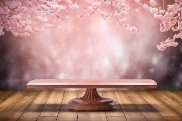 Productdisplay op houten tafelblad met kersenbloesemachtergrond Hoogwaardige en verfijnde setting voor het presenteren van producten