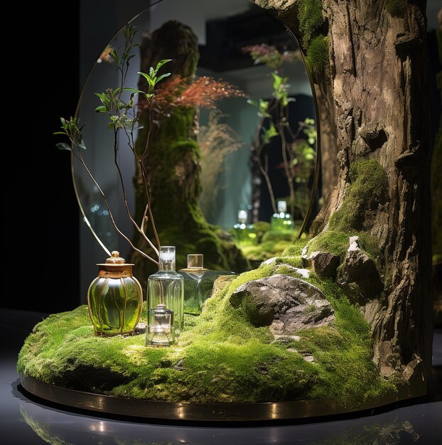 Productdisplay podium in natuurlijke groene stijl door ai gegenereerd