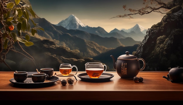 Productdisplay zwarte thee met Chinees landschap