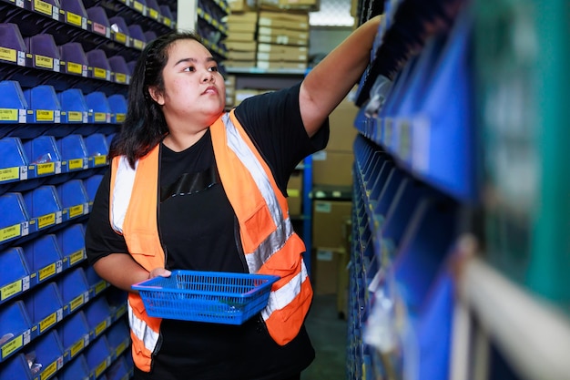 Foto producten op voorraad in de schappen ophalen zwaarlijvige vrouwelijke magazijnmedewerker in veiligheidsvest en veiligheidshelm in industriële magazijnfabriek plus size vrouw die producten inspecteert terwijl ze werkt