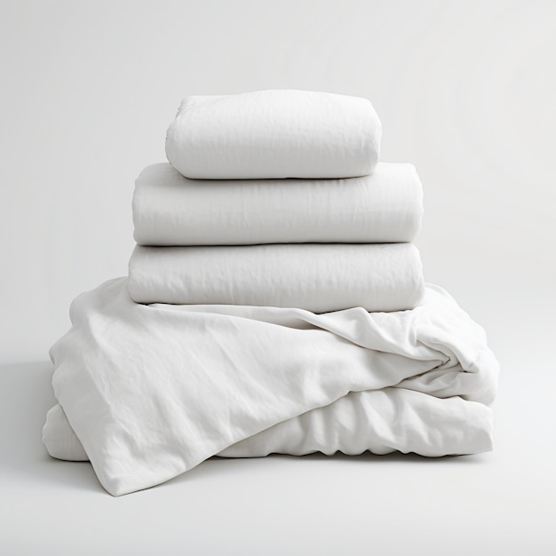 productfoto van een gevouwen beddengoed en kussens met witte achtergrond