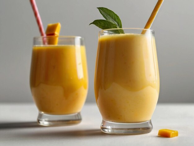 productfoto van mango milkshake in glas met witte achtergrond