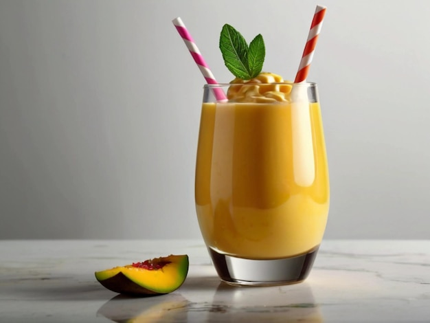 productfoto van mango milkshake in glas met witte achtergrond
