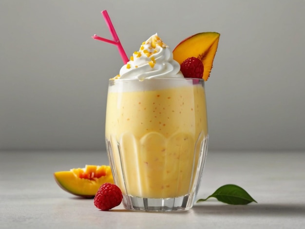 productfoto van mango milkshake in glas met witte achtergrond