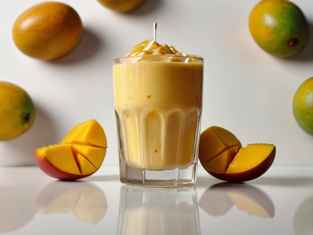 Productfoto van mango milkshake met witte achtergrond