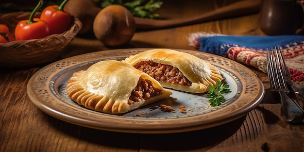 Foto productfotografie topaanzicht van een empanada op een bord