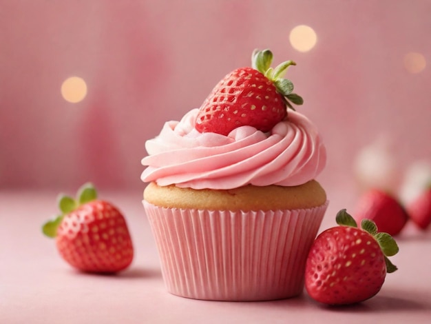 productfotografie van aardbei cupcake met roze achtergrond met kleurovergang