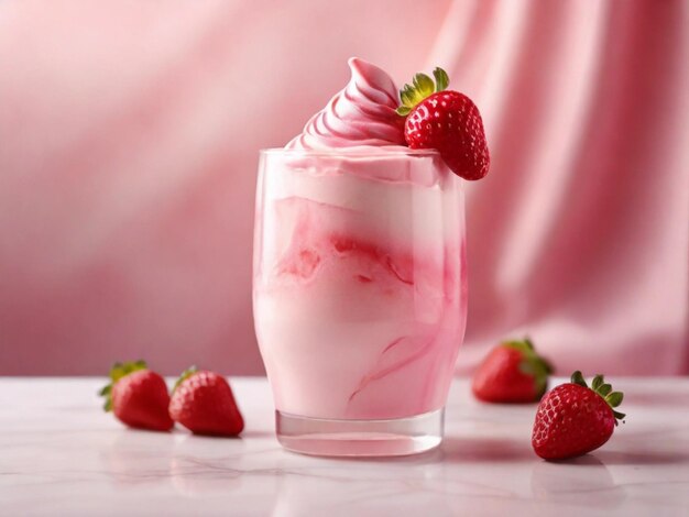 productfotografie van Strawberry milkshake met marmeren tafel en roze achtergrond