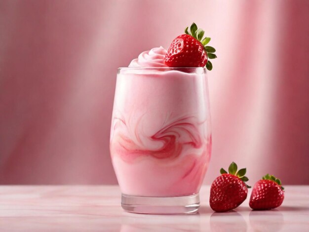 productfotografie van Strawberry milkshake met marmeren tafel en roze achtergrond