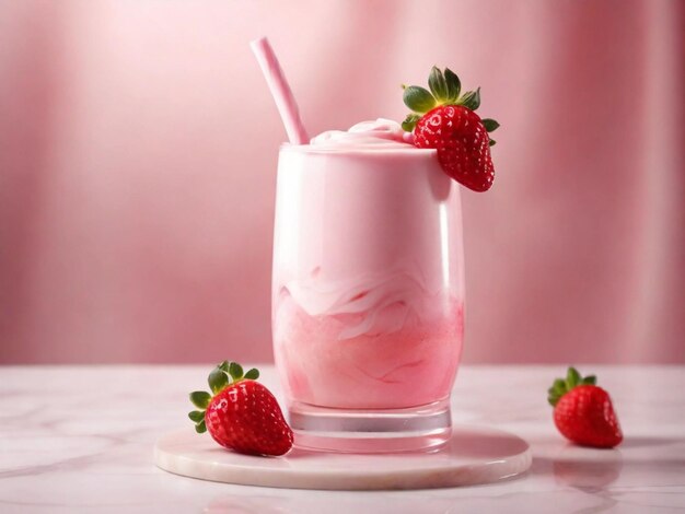 productfotografie van Strawberry milkshake met marmeren tafel en roze achtergrond