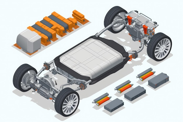 Productie van elektrische auto's productie van lithiumbatterijen li-ion pack modulaire ev motoronderdelen isometrisch