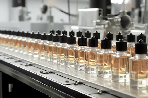 Productie van parfumerie in grote hoeveelheden in een fabriek close-up AI gegenereerd