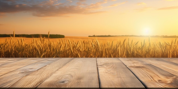 Productiemontage met houten dektabel en tarweveld bij zonsopgang of zonsondergang