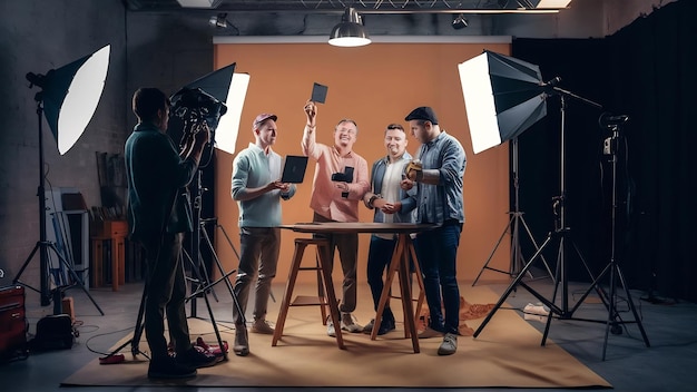 Productieteam schiet een video voor een tv-reclame met studioapparatuur.
