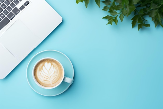 Productieve sfeer Een vogelperspectief van een blauw werkstation met laptop en cafeïnehoudende brandstof