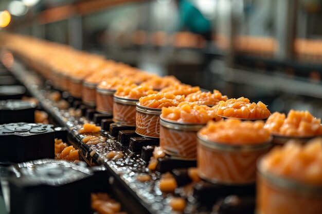 Production of canned fish Tin cans of fish on the conveyor