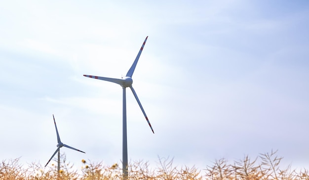 Production of ecological energy with the help of wind turbine Selective focus