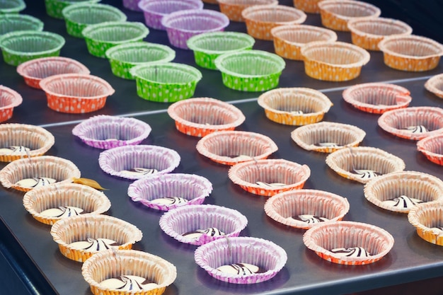 Production line of baking cookies closeup