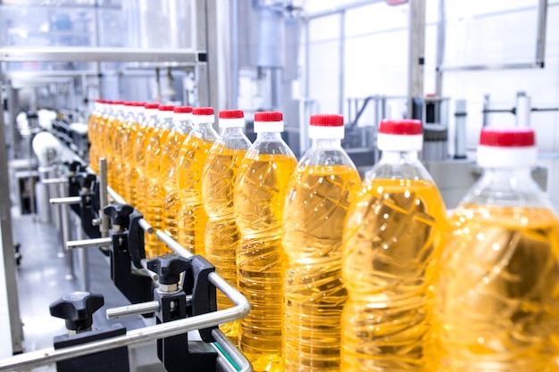 Production line of bottled vegetable on conveyor belt machine