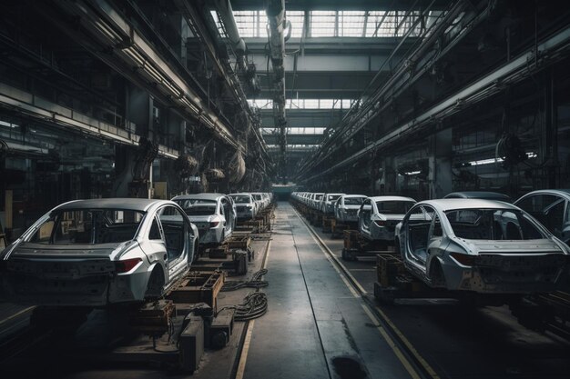 A production line of cars in a factory.