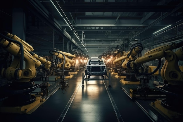 로봇 및 자동화 기계 생산을 위한 공장의 생산 라인 산업 배경 자동차 공장에서 자동차를 제조하는 로봇 팔 AI 생성