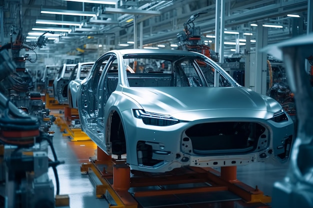 A production line in a factory with a car on the front.