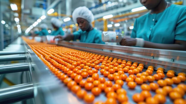 production line with orange spheres